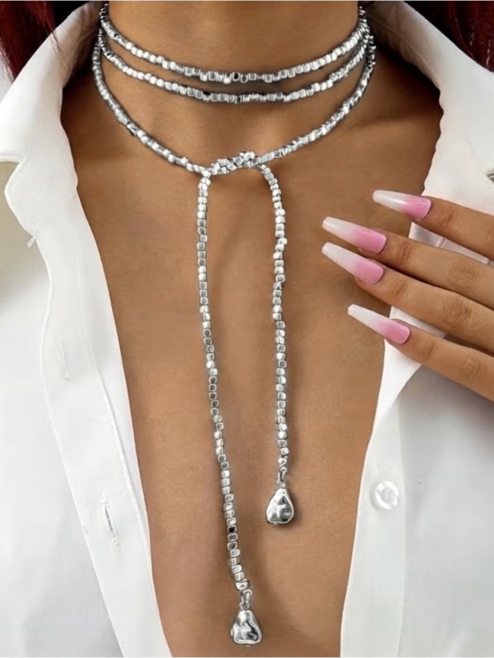 Layered Silver Beaded Wrap Necklace - Women Jewelry